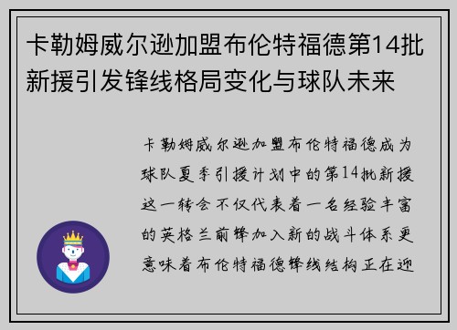 卡勒姆威尔逊加盟布伦特福德第14批新援引发锋线格局变化与球队未来 卡勒姆威尔逊加盟布伦特福德第14批新援引发锋线格局变化与球队未来